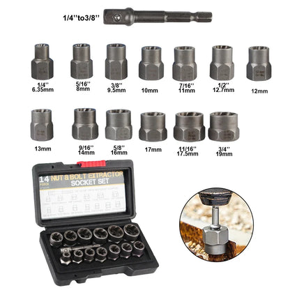 14-Piece Damaged Bolt & Nut Remover Socket Set - Cr-Mo Steel Car Tool Kit with Screw Extractor Sockets