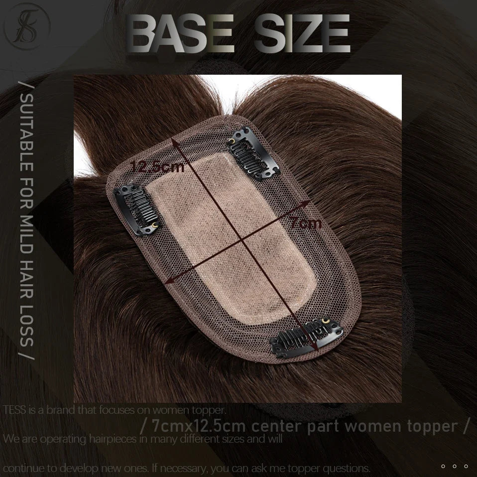 TESS Women Human Hair Topper With Bangs - 7x12.5cm Silk Base Clip In Hair Extension Natural Wigpiece