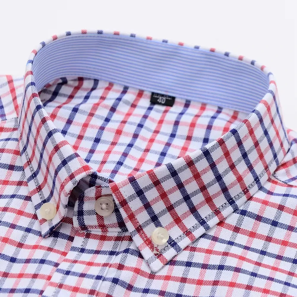 Men’s Checkered Oxford Shirt - Long Sleeve Cotton Button Down Gingham Top with Single Pocket 6XL-7XL