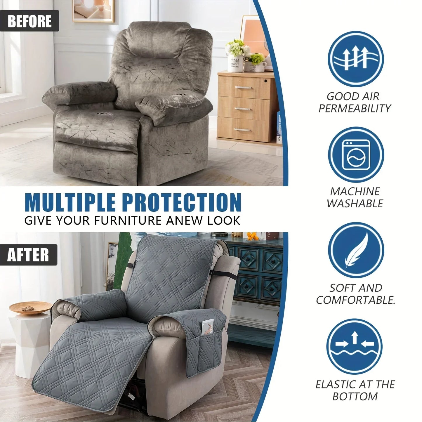 100% Waterproof Recliner Chair Cover – Non-Slip Recliner Slipcover with Pocket for Bedroom, Office & Living Room