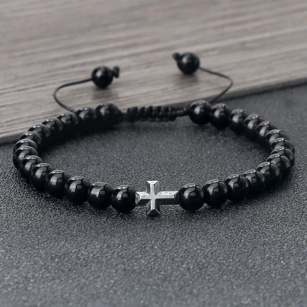 Natural Stone Bead Cross Bracelet - 6mm Braided Christian Prayer Jewelry with Jesus Charm for Men & Women