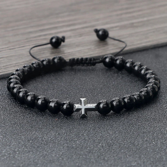 Natural Stone Bead Cross Bracelet - 6mm Braided Christian Prayer Jewelry with Jesus Charm for Men & Women