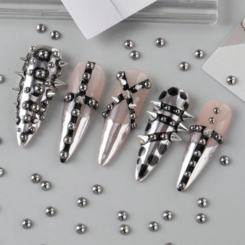 12-Grid Gothic Nail Charms - Silver Punk Metal Studs Rivets Y2K Grunge DIY Nail Art Decorations