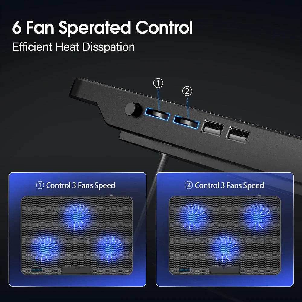 Coolcold Laptop Cooling Pad 15.6-17.3" — 6 Quiet Fans, 7 Adjustable Heights, Wind Speed Control with Mobile Phone Holder