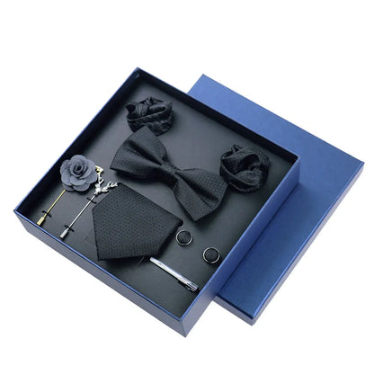 Men’s Luxury Silk Tie Set - 8cm Wedding Necktie with Bowtie, Pocket Square, Cufflinks & Floral Gift Box Accessories