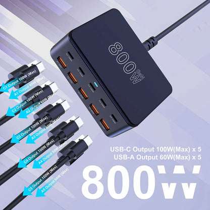 800W USB-C GaN Fast Charger - 100W PD3.0 PPS QC3.0 Multiport Charging Station for iPhone, Samsung & Laptops