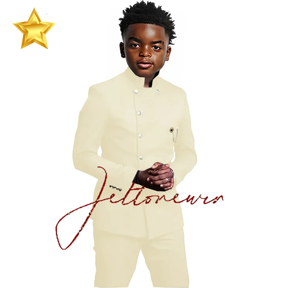 African Style Boys Suit - Stand Collar Blazer and Pants 2 Piece Casual Business Kids Formal Wear
