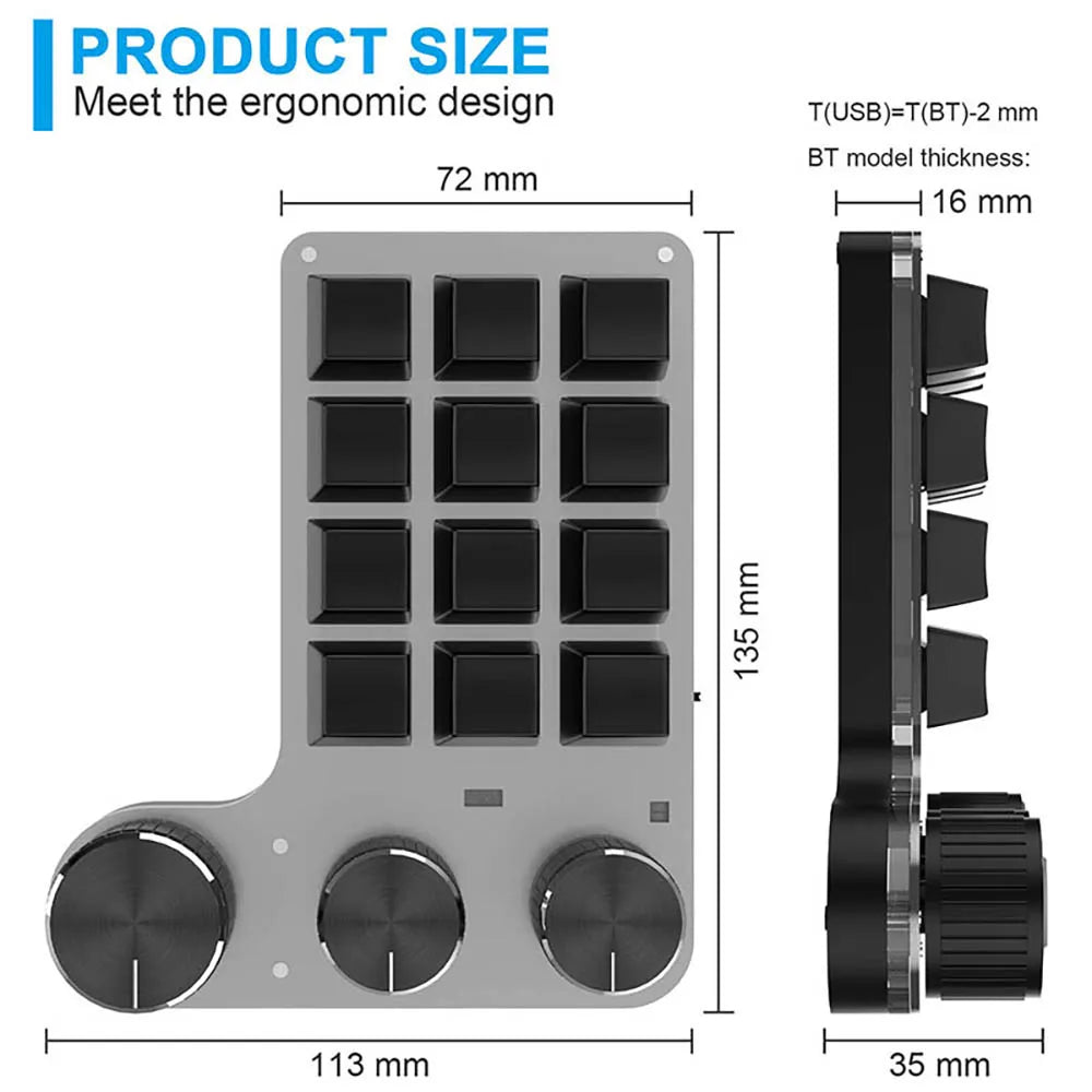 Bluetooth 12-Key RGB Macro Keyboard — 3 Knob Mechanical Hotswap Keypad for Photoshop & Gaming