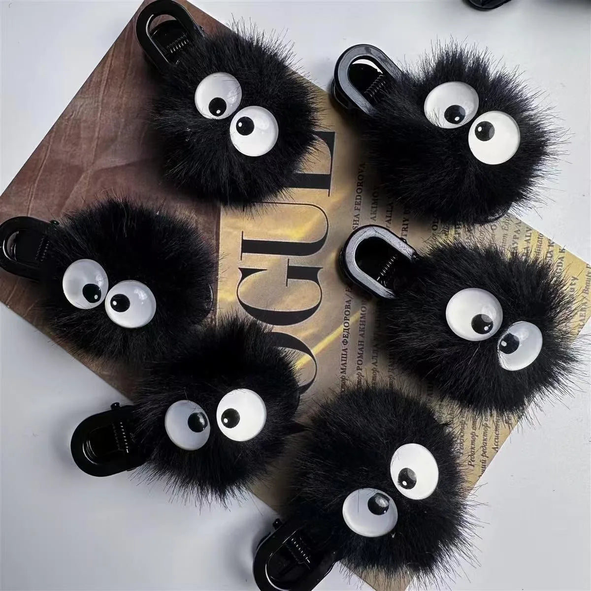 Black Fuzzy Hair Clip - Cute Big Eyes Design Hair Accessory for Women and Girls, Daily and Party Wear