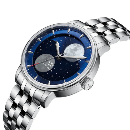 WM Welly Merck Automatic Mechanical Men's Watch — Lunar Moon Phase, Sapphire, Waterproof, Luminous Twin Moons WM142
