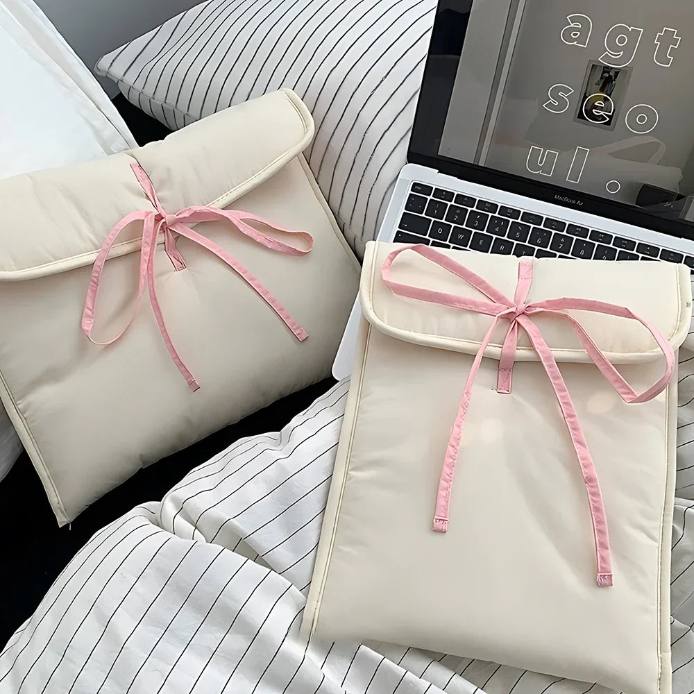 2 Piece Ballet Style Tablet Protective Case | Solid Color Laptop and Tablet Storage Bag for 11-13 Inch | Pink Bow Quilted Tablet Bag