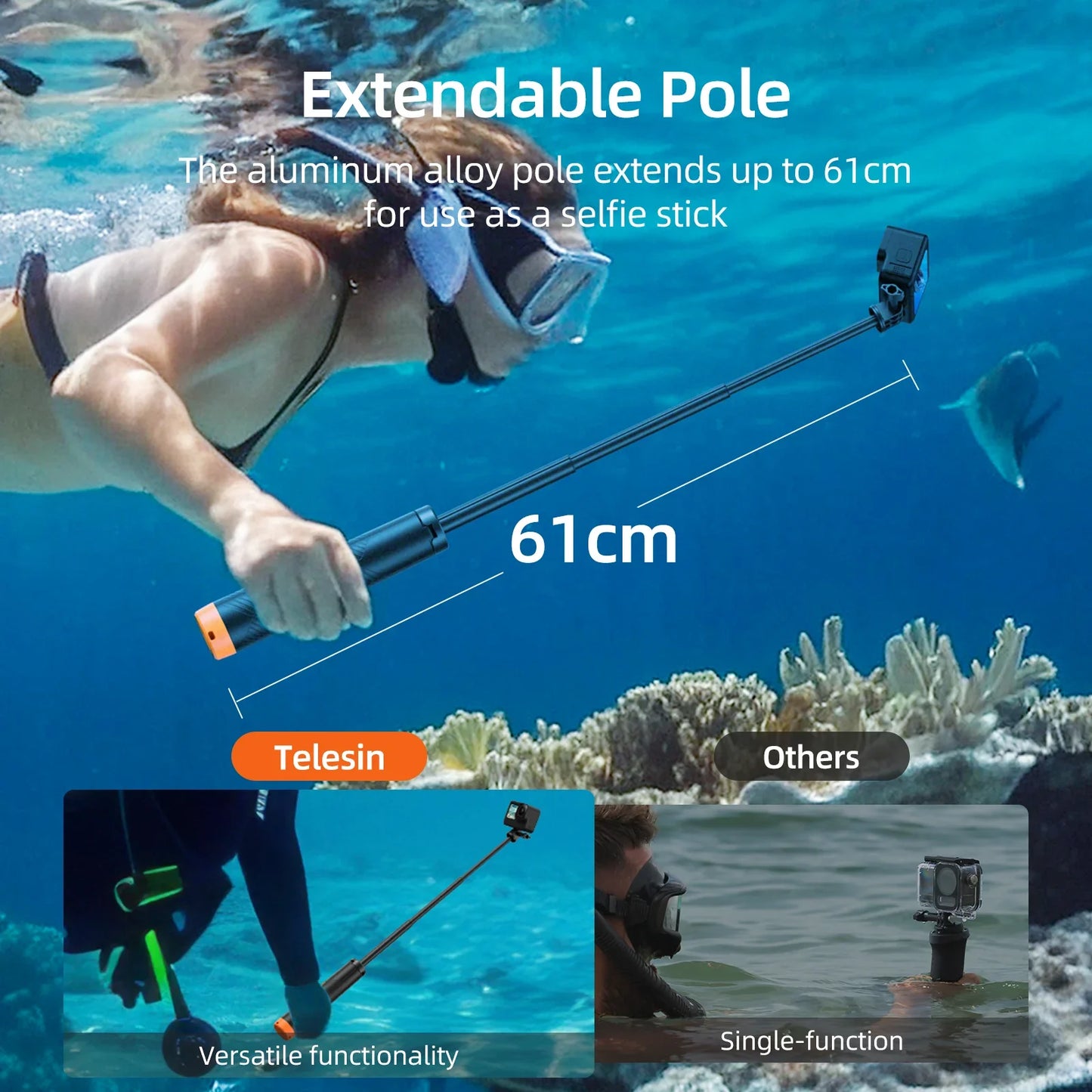 Telesin Underwater Buoyancy Diving Selfie Stick Tripod for GoPro, Insta360, DJI OSMO Action Cameras