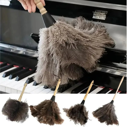 Ostrich Feather Duster - Wooden Handle Anti-Static Cleaning Brush for Home Dust Removal