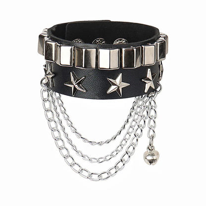 90s Punk Style Bracelet – PU Leather with 3 Rows of Spikes & Square Studs, Fashion Bangle for 2024