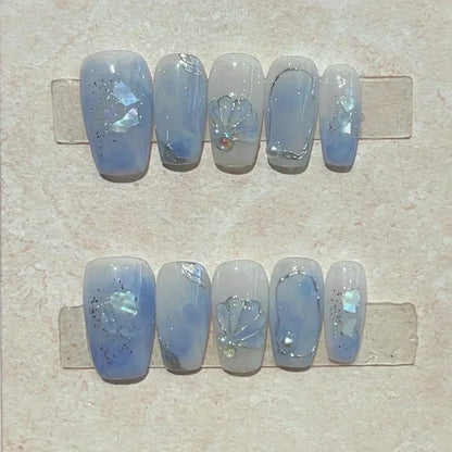 10 Pcs Handmade Short Square Press-On Nails – Full Cover Flower & Cat Eye Ballet False Nails Manicure Tips