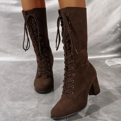 Women’s Winter Chunky Heel Boots - Round Toe Cross-Lace Anti-Slip Wear-Resistant Fashion Shoes