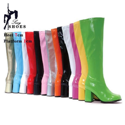Women’s 7cm Retro Gogo Boots - 60s 70s Knee-High Square Heel Party Boots with Zip Size 44-45