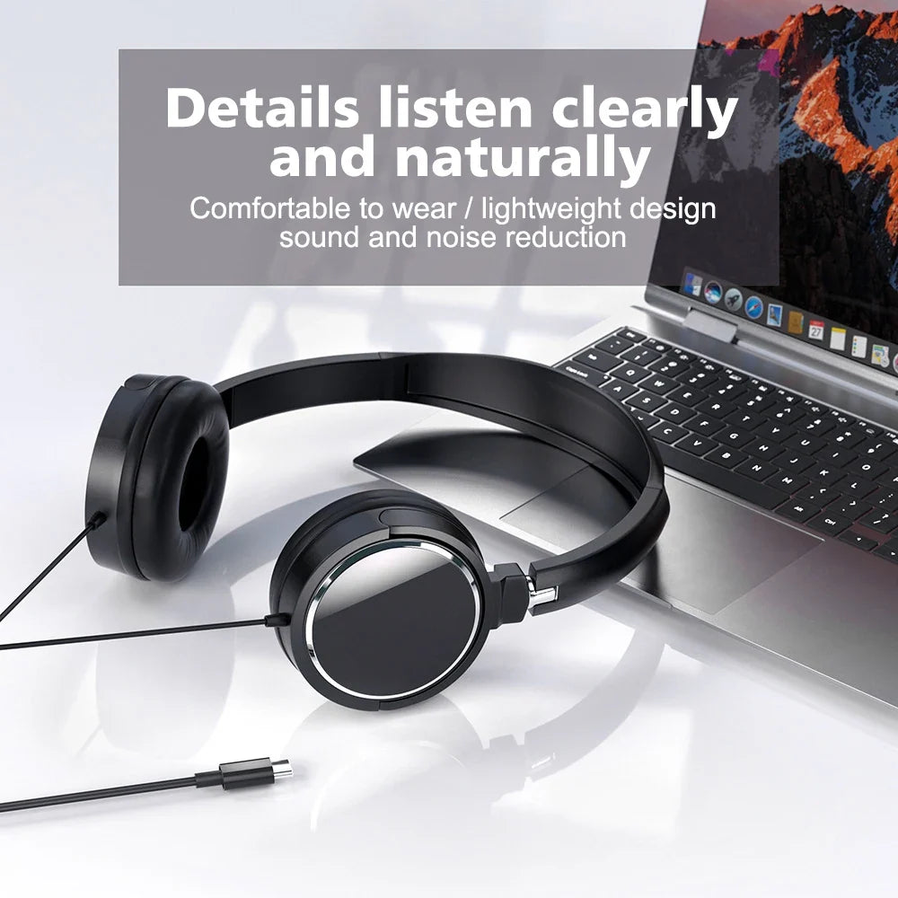 3.5mm & Type-C Wired Headphones - Foldable Stereo Headset with Bass & Noise Cancellation