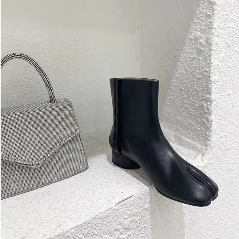 Women’s Genuine Leather Split Toe Ankle Boots - 2026 Autumn Winter Low Heel Luxury Fashion Shoes