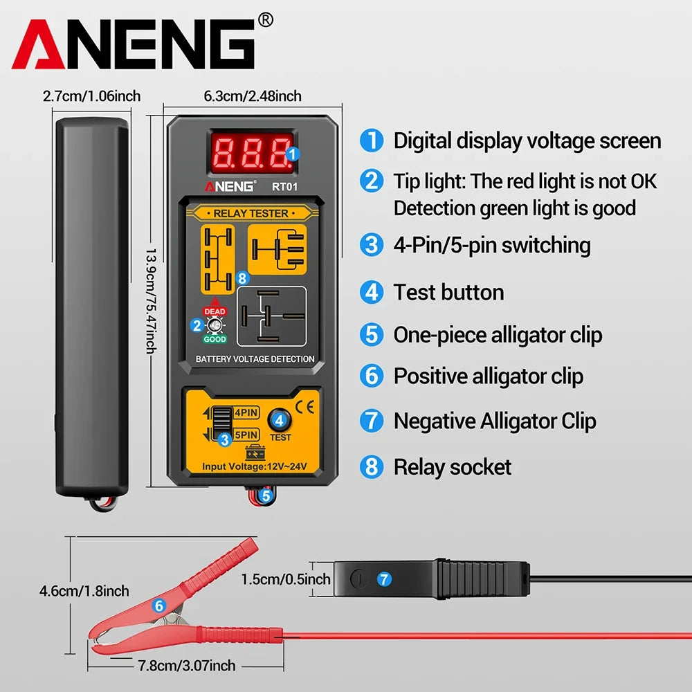 ANENG RT01 Relay Tester - Digital 11-25V Vehicle Battery Voltage Detector for 4/5 Pin Relays