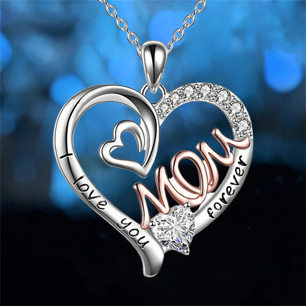 Love Heart Mom Pendant Necklace - Elegant White K-Plated Jewelry Gift for Mother’s Day & Special Moments