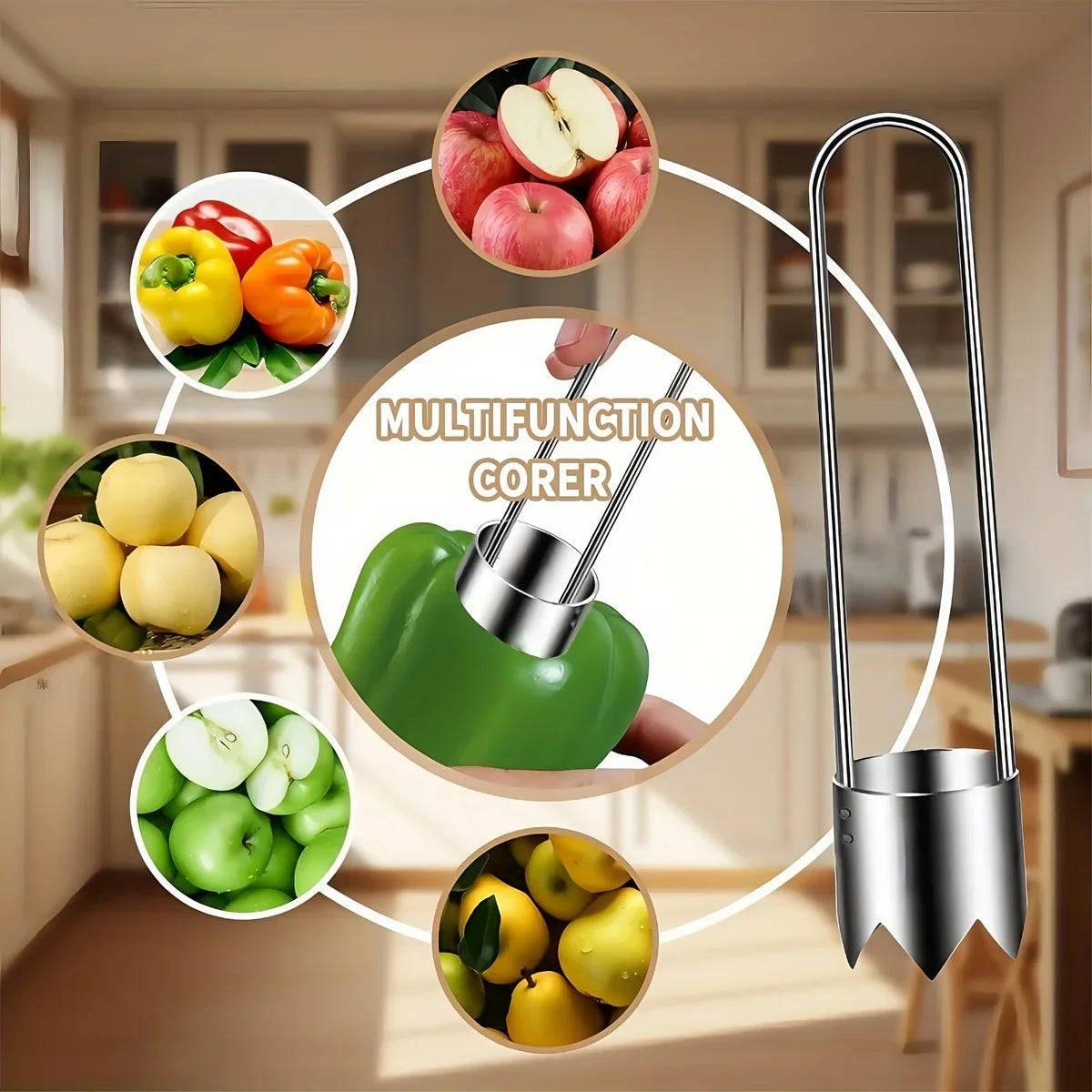 Stainless Steel Fruit & Vegetable Corer – Universal Kitchen Gadget for Apple, Pear, Tomato & Red Bell Pepper Seed Removal