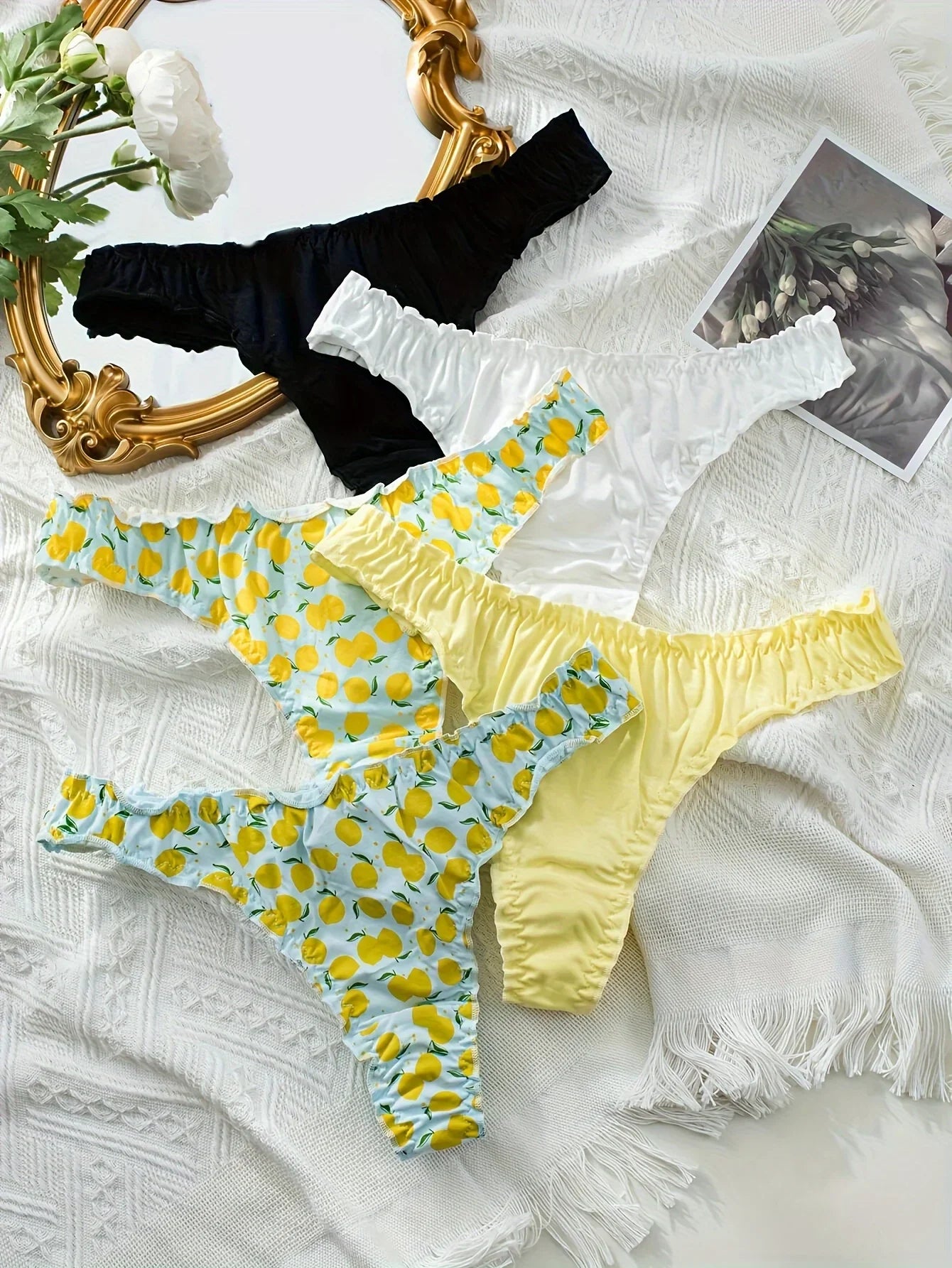 5Pcs Women’s Cotton Ruffle Thong Set - Mixed Fruit Pattern Wrinkled Comfortable Soft Underwear