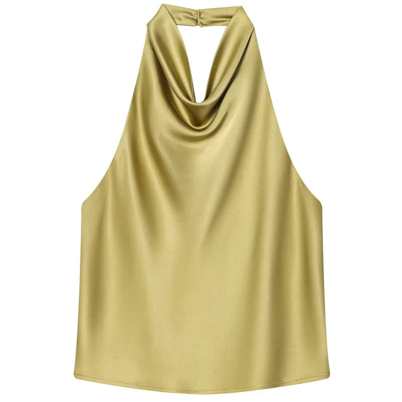 HXAO Women’s Satin Halter Top – Summer 2025 Black & Yellow Crop Tank, Off-Shoulder Sleeveless Backless Vest