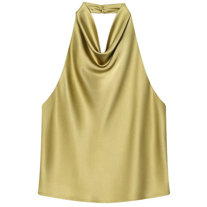 HXAO Women’s Satin Halter Top – Summer 2025 Black & Yellow Crop Tank, Off-Shoulder Sleeveless Backless Vest