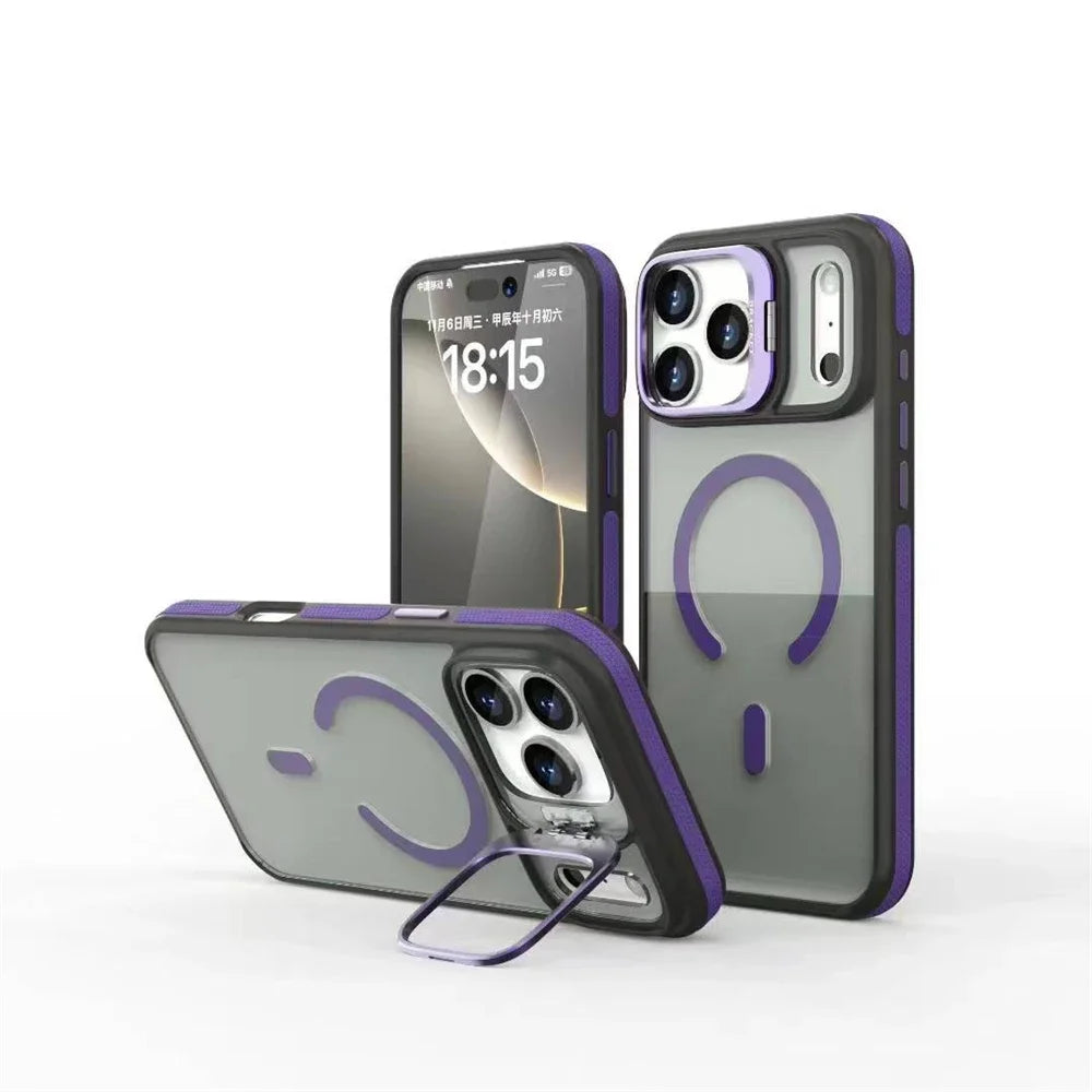 Luxury Matte Transparent MagSafe Kickstand Case — Magnetic Stand Cover for iPhone 11–17 Air, Plus, Pro Max