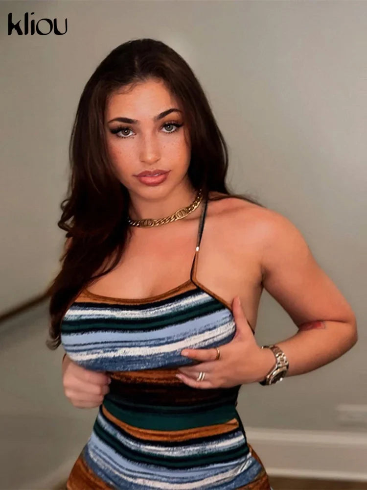 Kliou Striped Mini Dress - Sexy Backless Slash Neck Vintage Clubwear