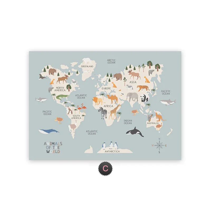 Pastel Animal World Map Canvas Wall Art – Educational Nordic Poster Print for Kids Room Decoration & Nursery Home Decor