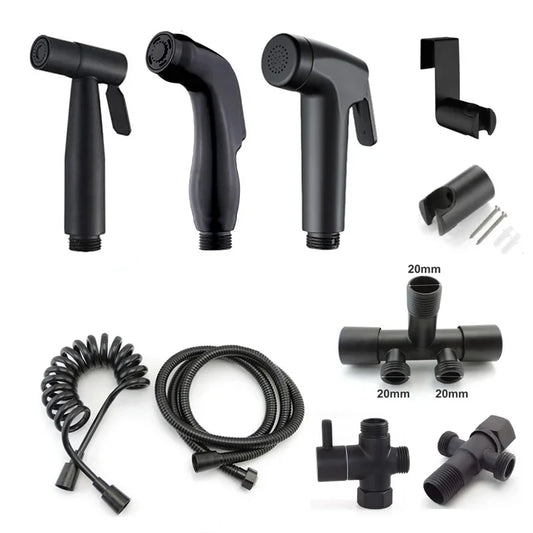 Black Toilet Bidet Sprayer Set - Handheld Bathroom Wash Spray Gun with Flexible Hose, Water Valve & Cleaning Shower Head