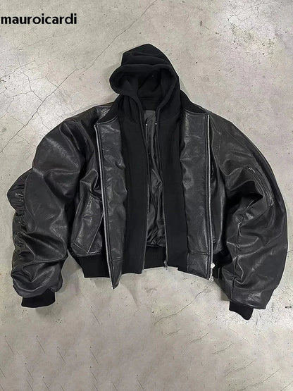 Mauroicardi Autumn Winter Oversized PU Leather Bomber Jacket for Men - Thickened Warm Hooded Luxury Designer Coat