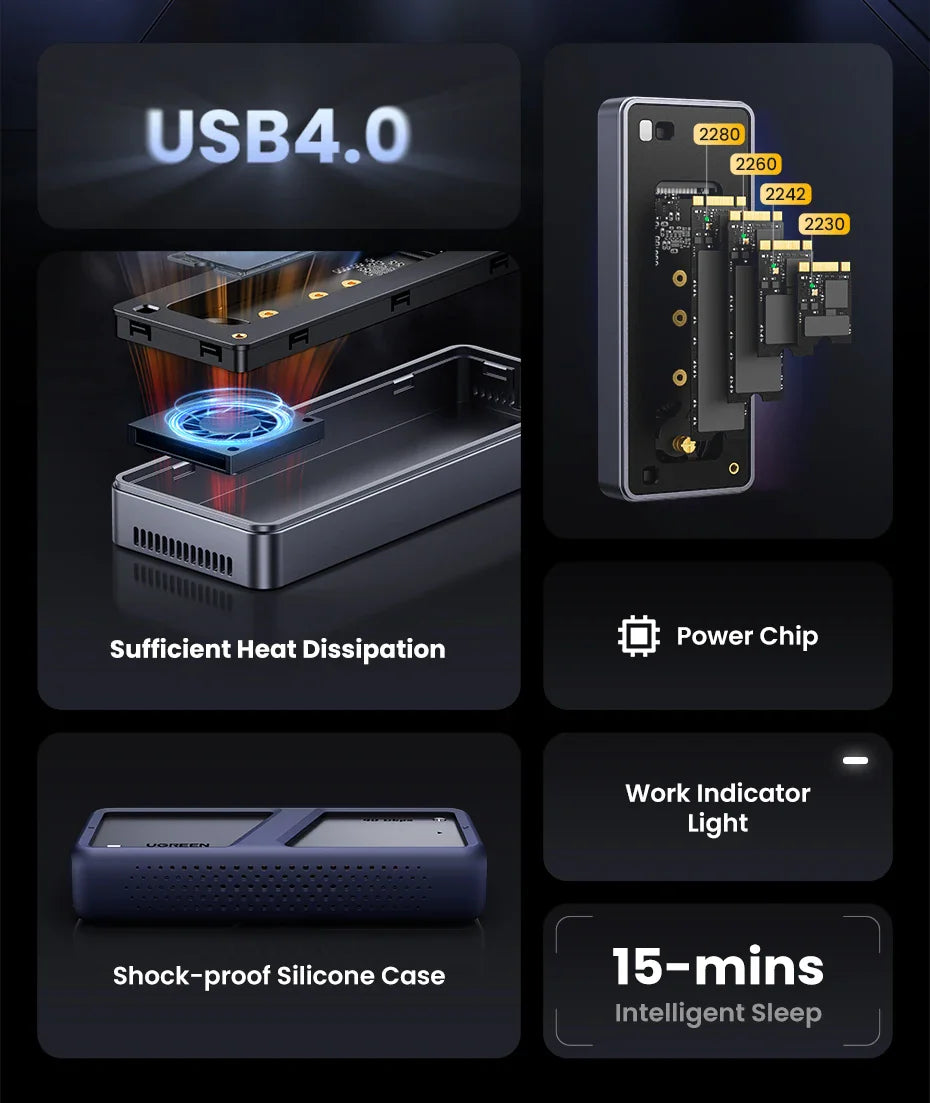 UGREEN 40Gbps NVMe SSD Enclosure – M.2 to USB4.0 Adapter with Built-in Cooling Aluminum Case