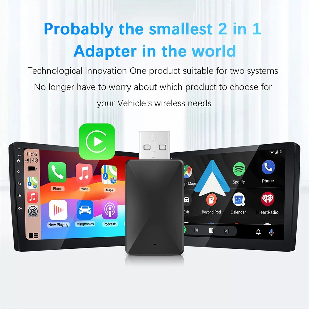 2 in 1 Wireless CarPlay and Android Auto Smart Dongle – Compatible with Volvo, Benz, Audi, Kia, Hyundai, VW, Mazda, Cadillac, MG, Peugeot