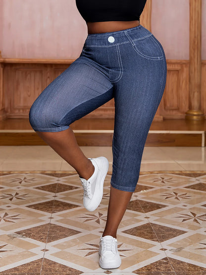 Plus Size Women’s Capri Leggings - Stretch Denim Print Casual Pants for Fashionable Active Everyday Wear