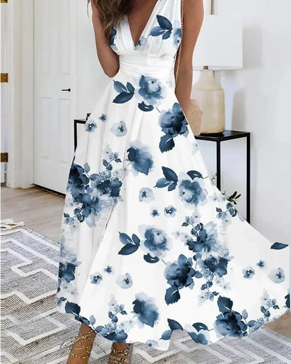 Women's Summer V Neck Maxi Dress - Sleeveless High Waist Elegant Print Dress for Office & Holiday Wear