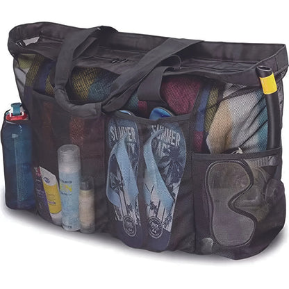 Extra Large Mesh Beach Bag with Zipper - Breathable Tote with Side Pockets, Portable Large Capacity Organizer