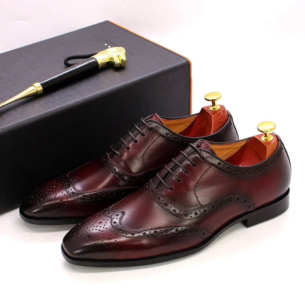 Men's Handmade Wingtip Oxford Shoes - Genuine Calfskin Leather Brogue Dress Shoes