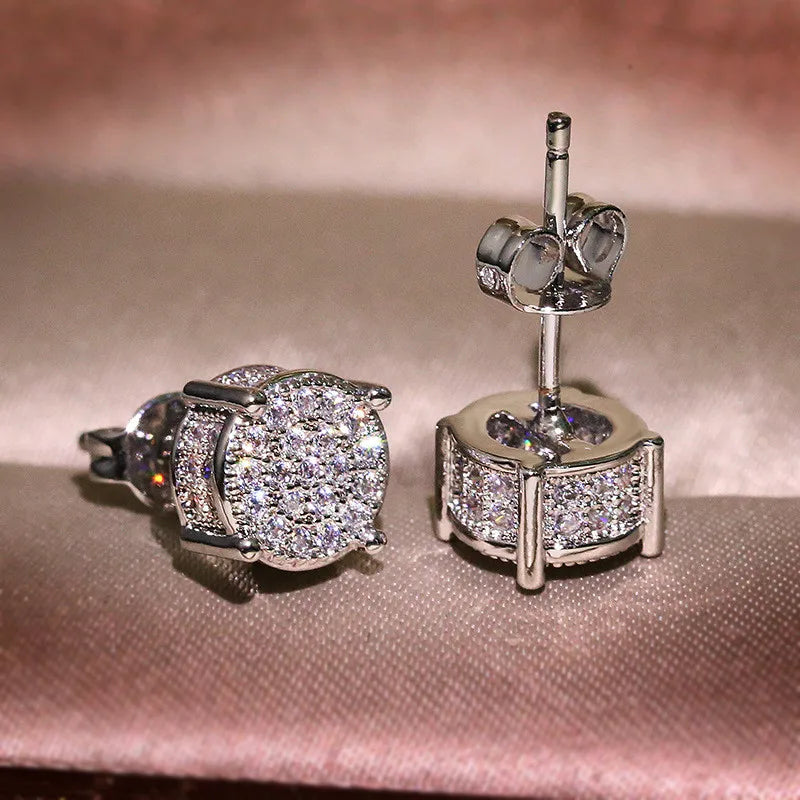 Austrian Crystal Round Earrings for Women – White Gold & Yellow Gold Color, White Zircon Hip Hop Wedding Stud Jewelry