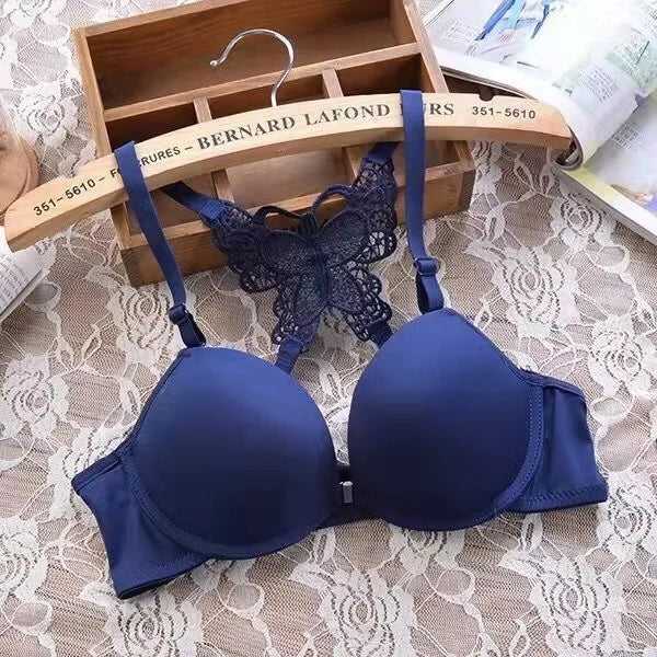 Women Butterfly Front Buckle Bra & Brief Set – Detachable Double Strap Sexy Sheer Lingerie Romantic Underwear Set