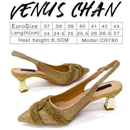 Venus Chan Women’s Champagne Shoe & Bag Set - Rhinestone Heels and Handbag for Nigerian Parties & Weddings