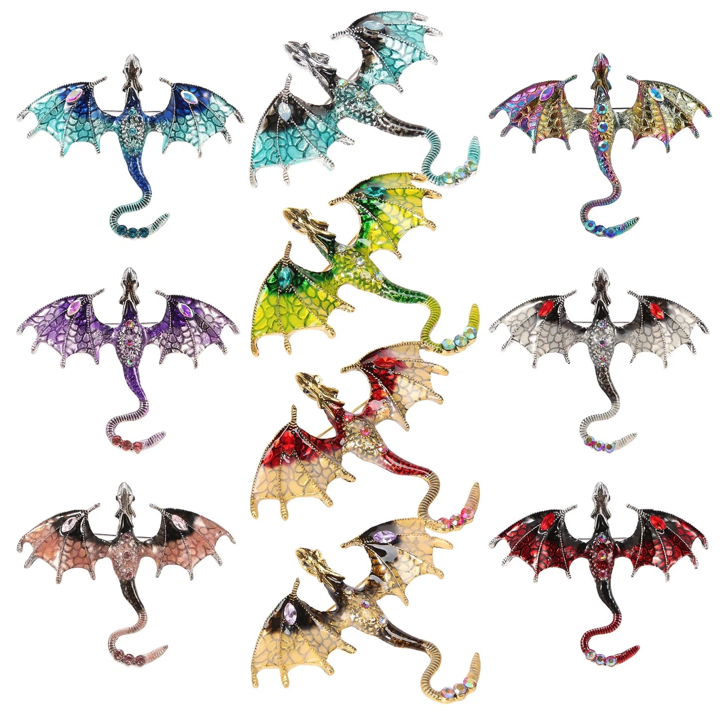 10-Piece Flying Dragon Enamel Brooch Set - Vintage Alloy Dragon Pins for Jewelry & Necklaces