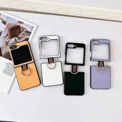 Ultra-Thin Ring Holder PU Leather Luxury Case for Samsung Galaxy Z Flip 6 / 5 / 4 / 3 – Slim Flip Phone Protective Cover with Kickstand Grip Design