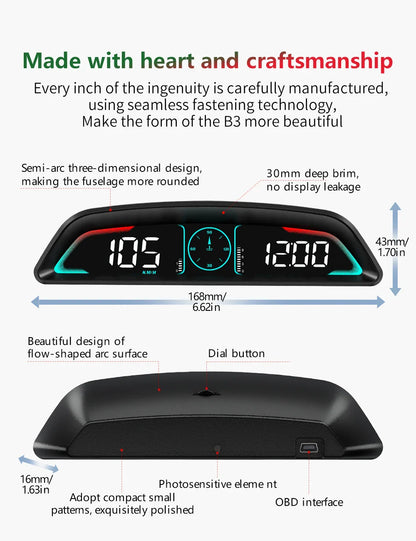 Multi OBD Meter B3 HUD – Speed, RPM, Water Temp, Fuel, Time with Overspeed, Voltage Alarm & Drive Reminder