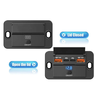 Car Charger Socket Adapter with Switch | 4-Port Charging Splitter for Bus, RV, ATV, Truck, Boat | 12V/24V PD, QC3.0