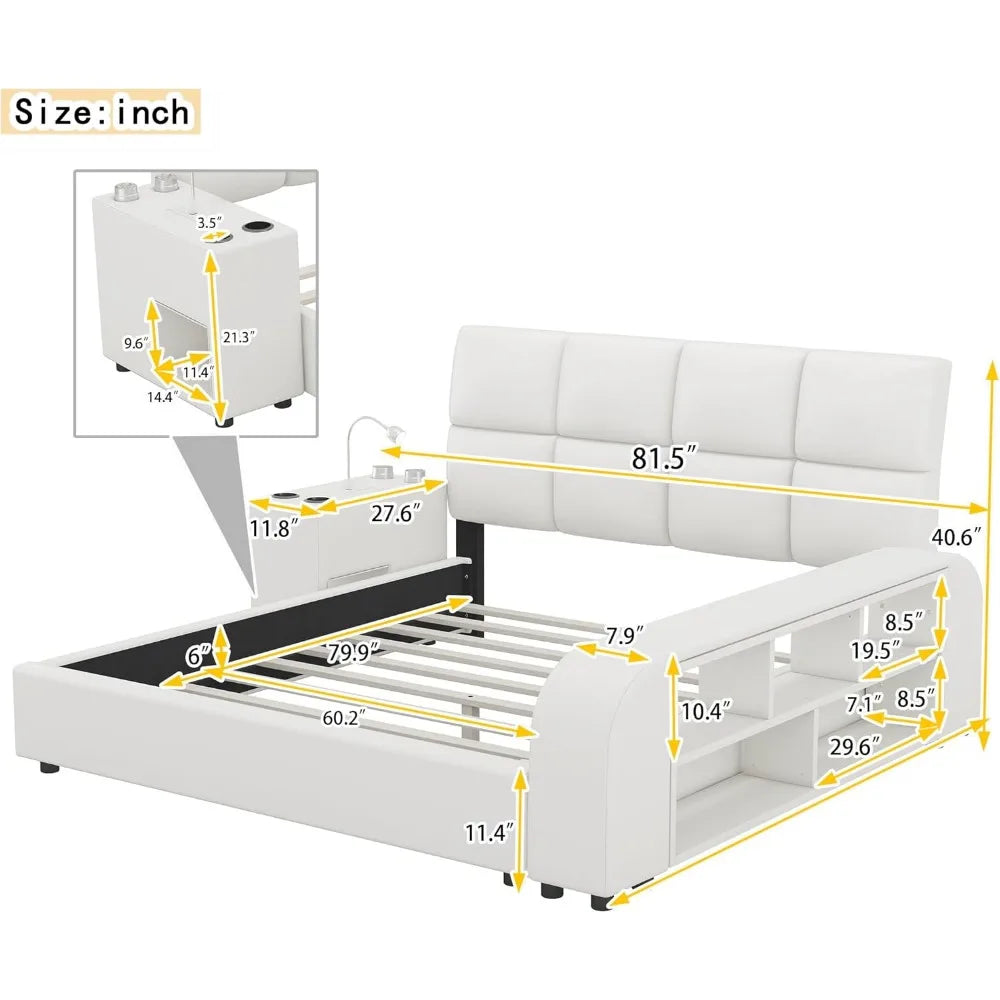 Queen Size Smart Upholstered Bed Frame – White Faux Leather Platform with Storage Shelves, Headboard & Multimedia Nightstand