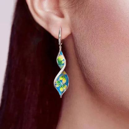 Spiral Leaf Enamel Pendant Earrings - Elegant Flower Pattern Long Dangle Fashion Jewelry Gift