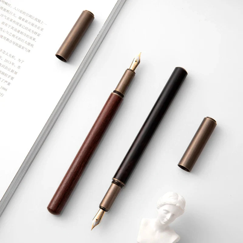 Luxury Retro Wood & Bronze Fountain Pen – 0.5mm Calligraphy Ink Pen for Office, Business & Gift Stationery